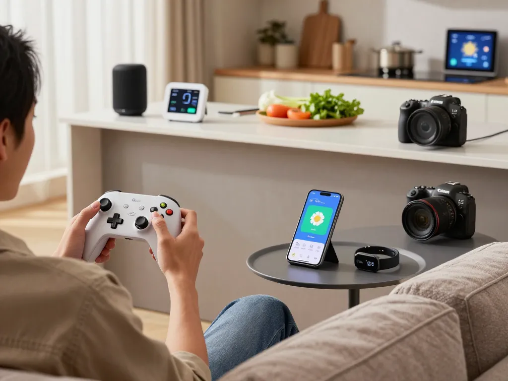 Interactive living room featuring trending tech gadgets like Bluetooth controllers, smartwatches, and kitchen thermometers in a cozy atmosphere.