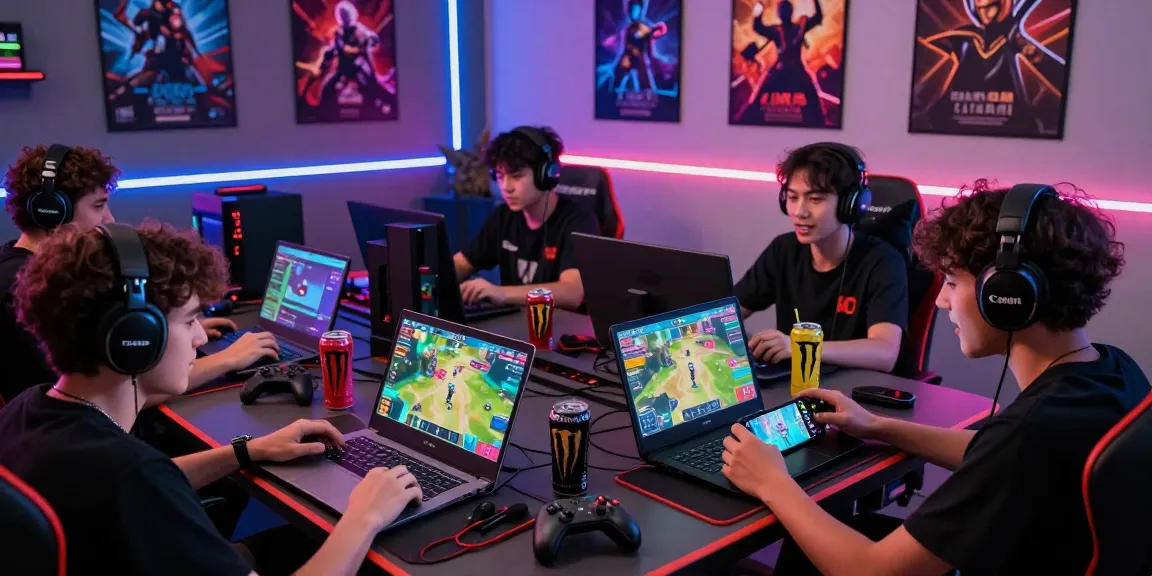Engaged gamers enjoying CIKA4D in a vibrant setting with devices, posters, and energy drinks.