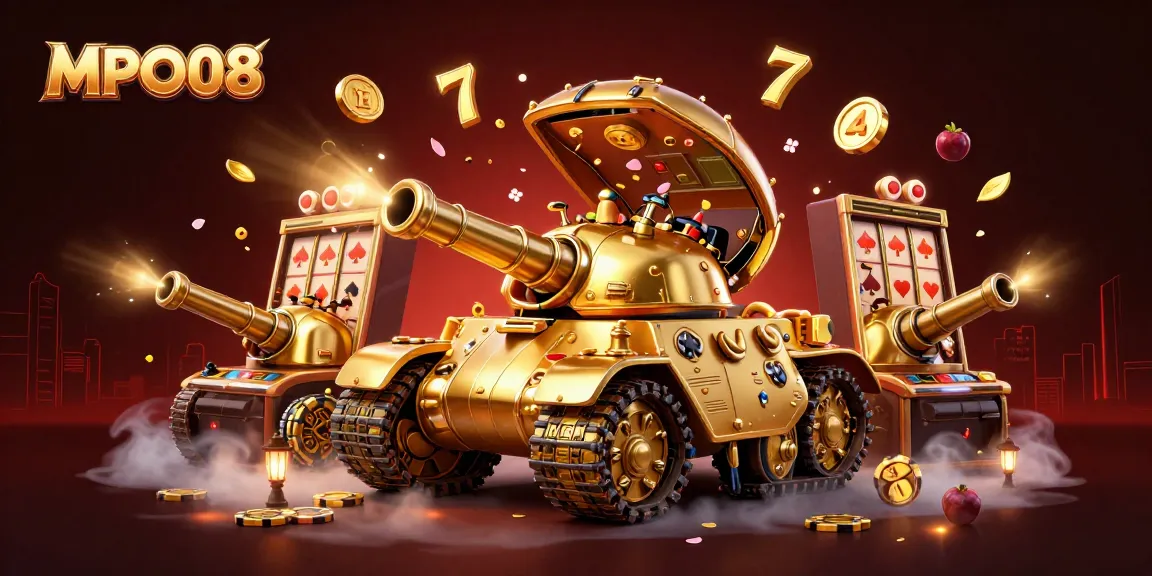 Experience the vibrant energy of MPO08 as golden slots and festive elements surround an interactive casino scene.