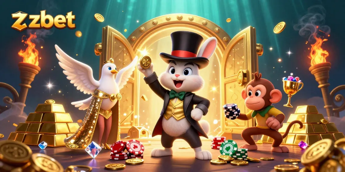 Engage with zbet's dazzling online gambling scene featuring a magician, dove, and monkey amidst treasures.