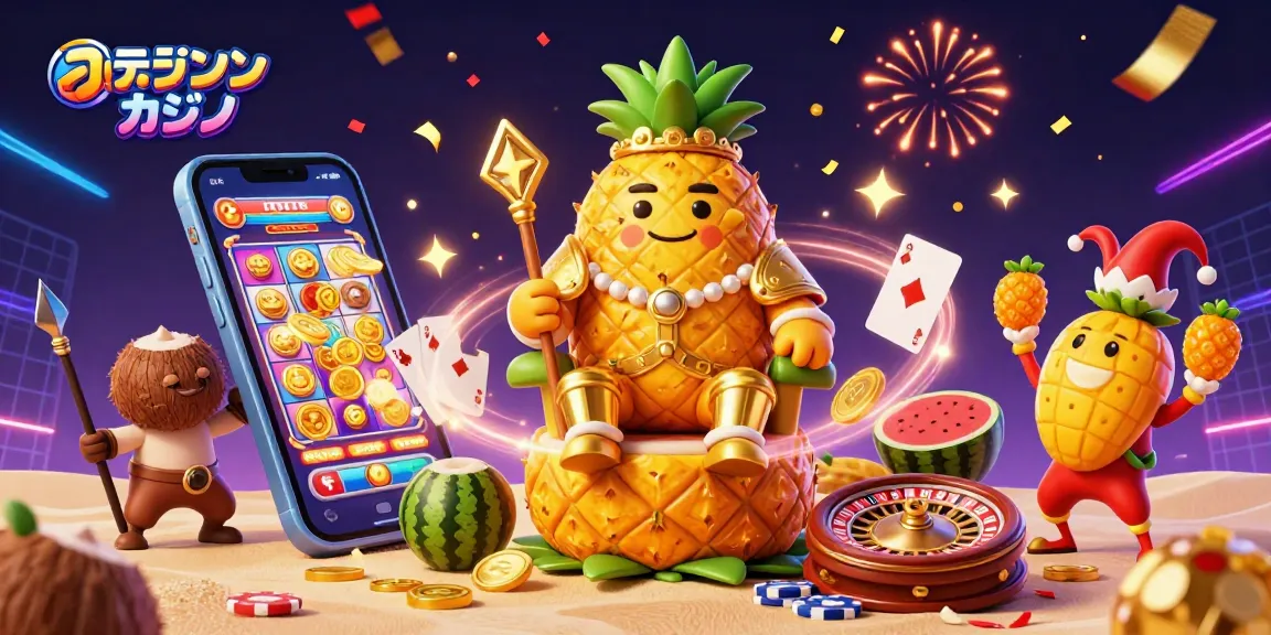 オンラインカジノでのゲームを楽しむ金色のパイナップル王と仲間たちのイラスト