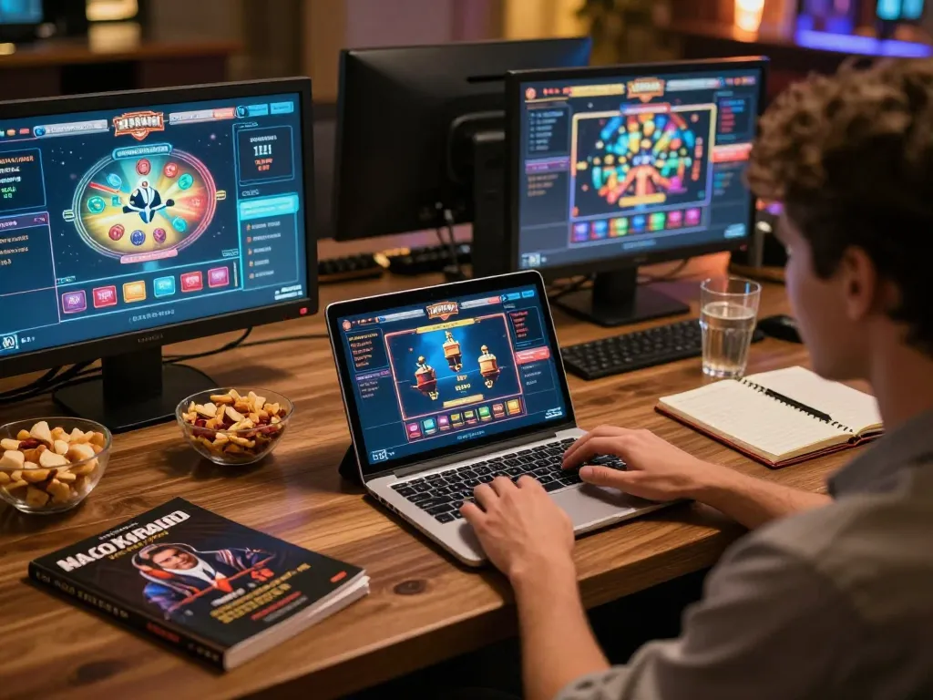 uu88 player engaging with online casino games from a cozy home setup with strategic notes.
