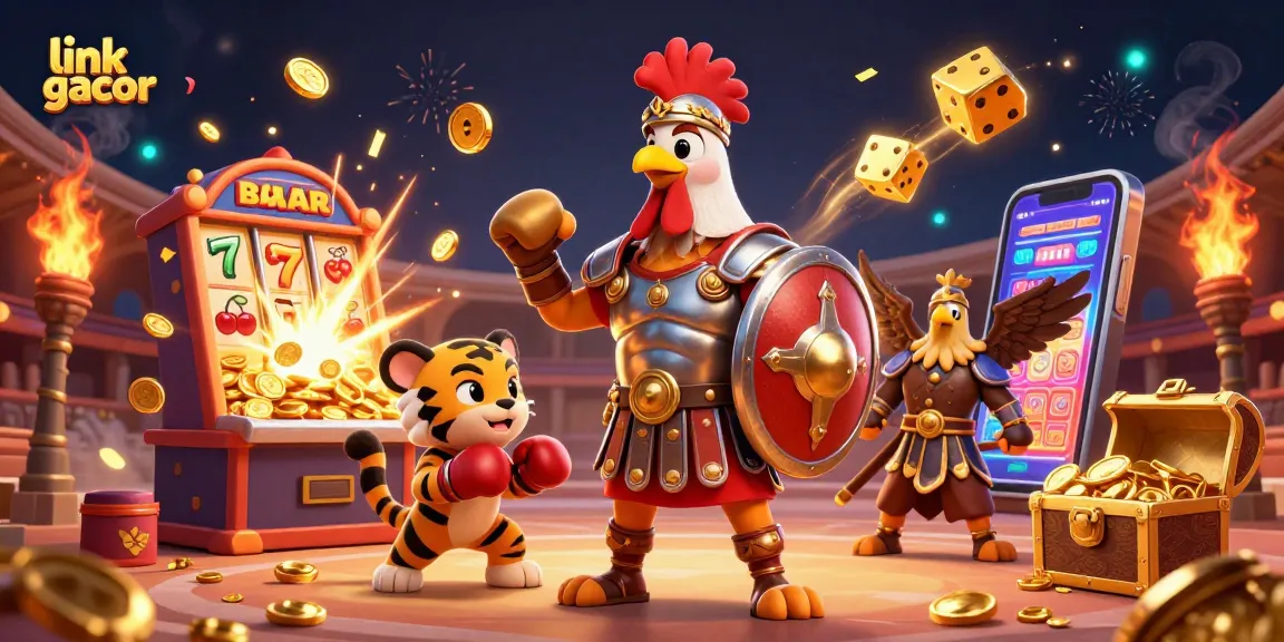 Engage in the link gacor excitement with a dynamic scene featuring a gladiator rooster, a sparring cub, and explosive casino elements.