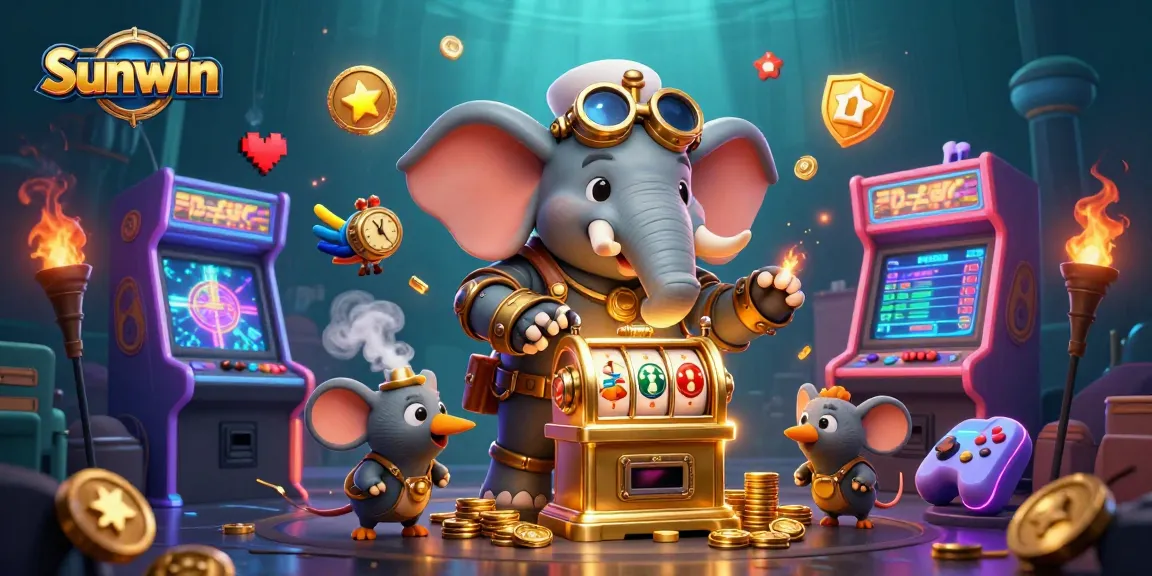 Experience thrilling wins with Sunwin, featuring a steampunk elephant at a golden slot machine.