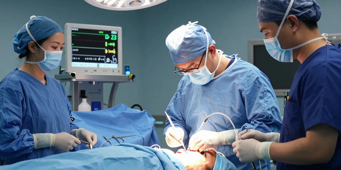 Boyun fıtığı ameliyatı in a sterile operating room, showcasing skilled surgeons and high-tech equipment during surgery.