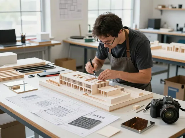Architektur Modellbau Duisburg: Modellbauer bei der präzisen Fertigung von Architekturmodellen in einer gut beleuchteten Werkstatt.