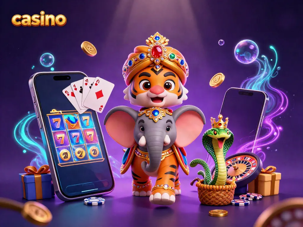 Engaging casino experience with a maharaja tiger riding an elephant amid vibrant gaming elements.