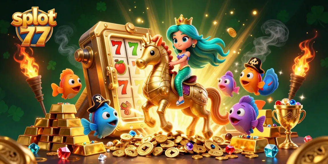 Play exciting slot 77 games with vibrant reels, lucky 7s, and a magical mermaid princess illustration.