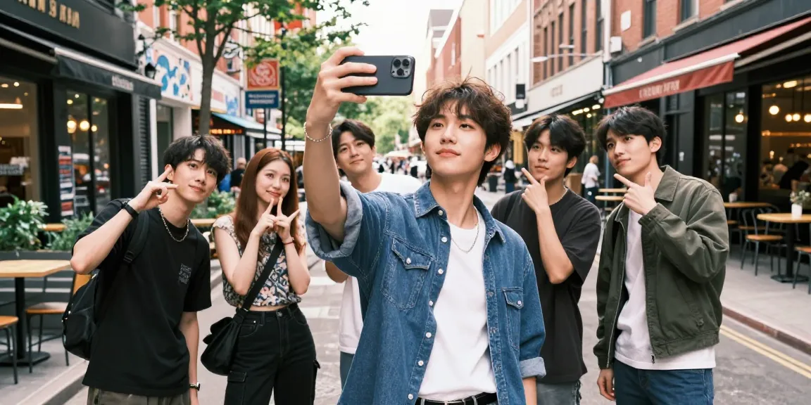 Young adult enjoying a fun selfie moment in urban setting, seeking to look like celebrities.