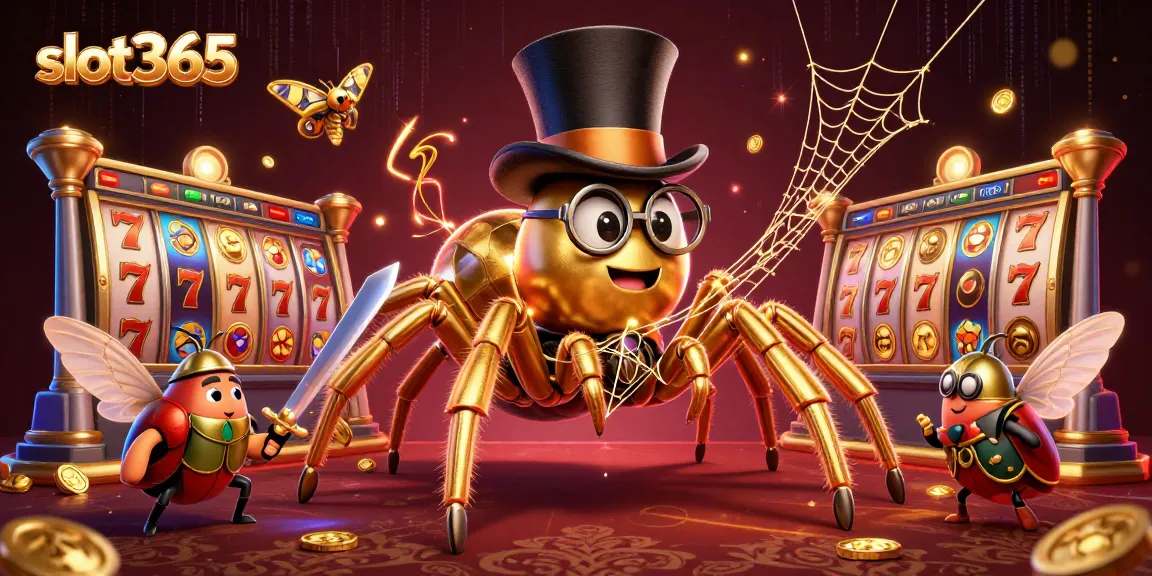 Experience thrilling wins at slot365 with a golden tarantula and knight in a vibrant casino world.