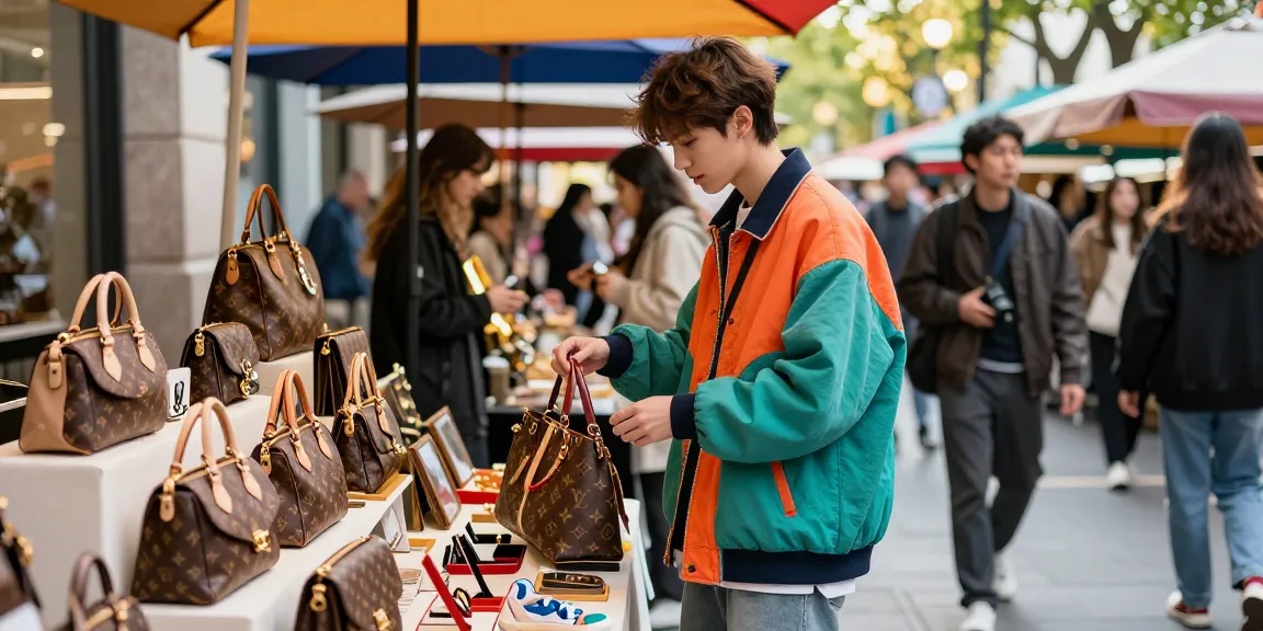 Stylish shopper examining high-quality 레플리카 accessories in an urban marketplace.