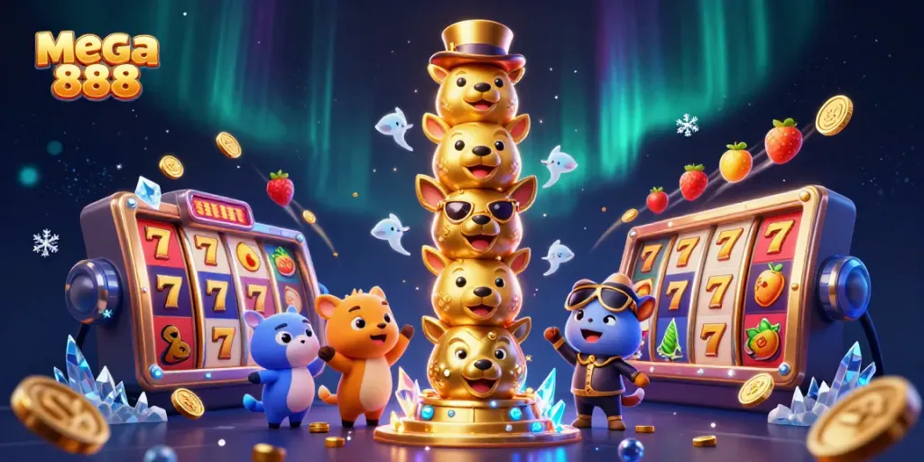 Engage with mega 888's vibrant slots in a dynamic casino scene featuring a golden totem pole.