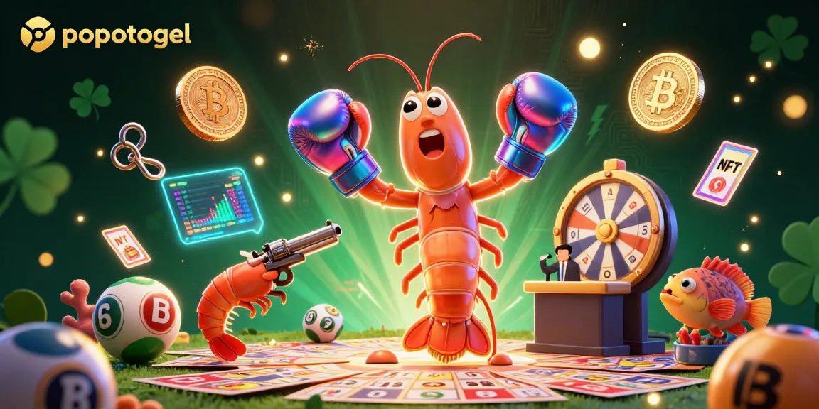 Experience lottery excitement with popotogel featuring vibrant lottery elements, shrimp characters, and crypto visuals.