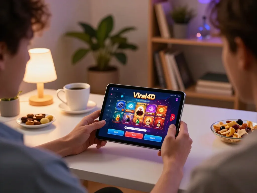 Engaging player exploring Viral4D casino app on tablet at home while enjoying comfortable surroundings.