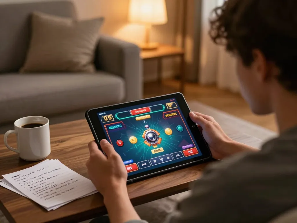 Pemain fokus pada permainan kasino online melalui login aneka4d di tablet, dikelilingi oleh catatan dan cangkir kopi.