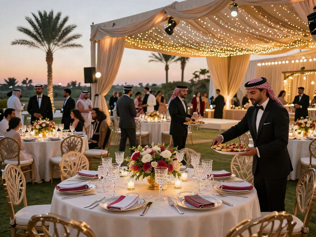 Event rental KSA showcasing a luxurious outdoor wedding setup with elegant decor and AV technology.