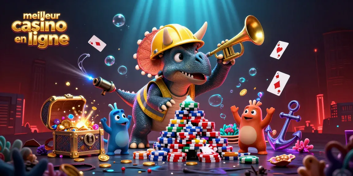 Illustration vibrante de triceratops et parasaurolophus célébrant au "meilleur casino en ligne" avec des jetons et des jeux sous-marins.