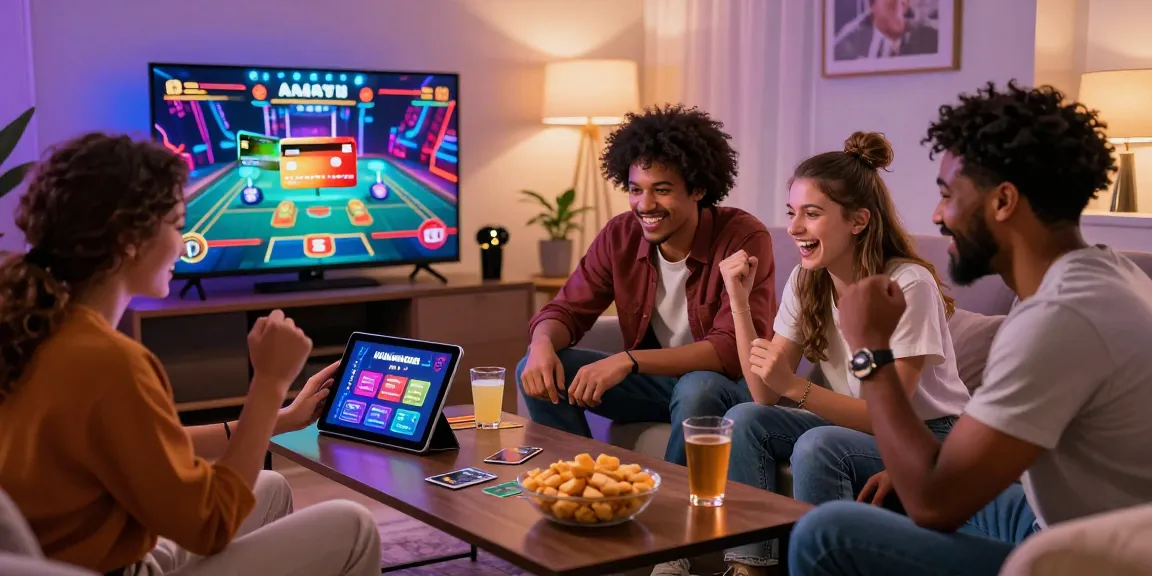 Friends enjoying a lively casino night with credit card options on tablet, showcasing casinos that accept credit card.