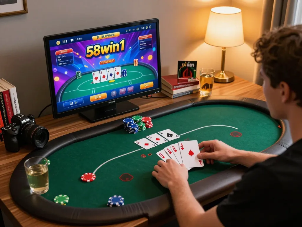 Player engaged with 58win1 poker game on tablet in a cozy home environment.