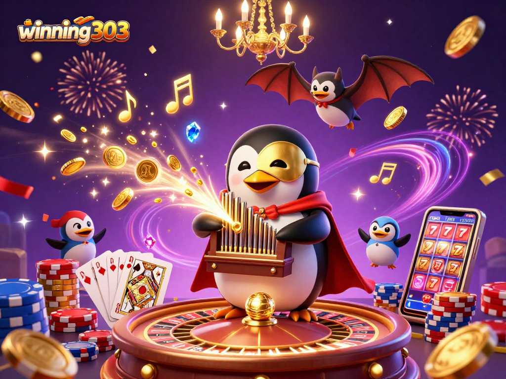 winning303 offers thrilling casino excitement with a mystical penguin in a gold mask and coins flying