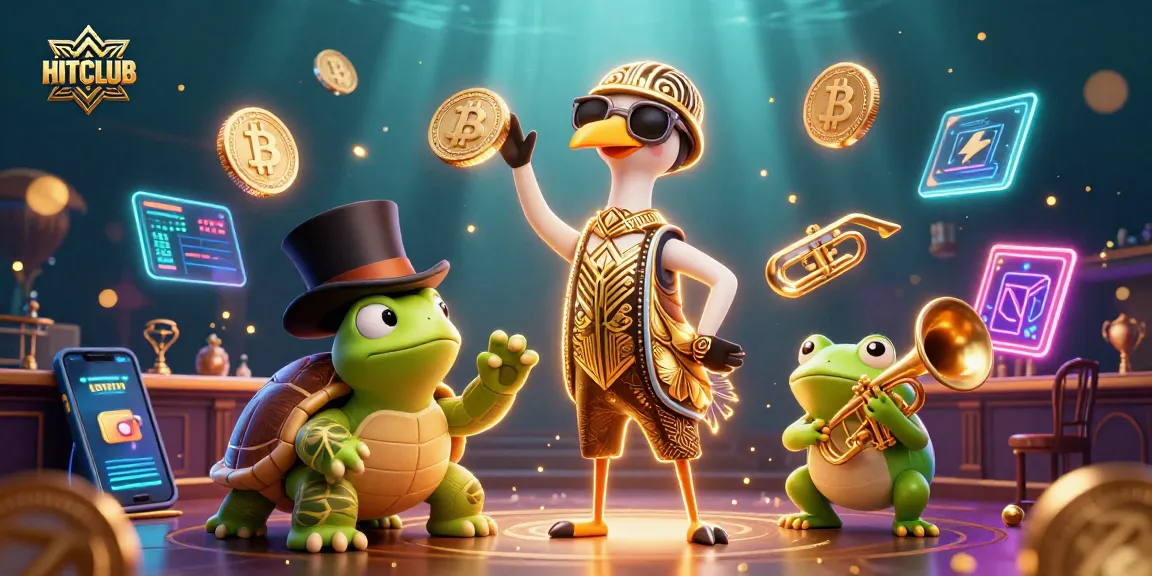 Engage in thrilling gameplay at HITCLUB, showcasing vibrant 3D characters amidst crypto and casino elements.