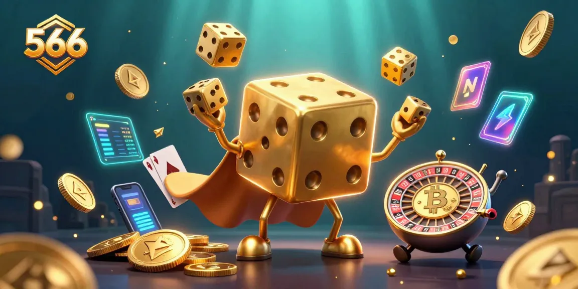 Engage in thrilling gameplay at 566 with golden dice golem and vibrant crypto elements.