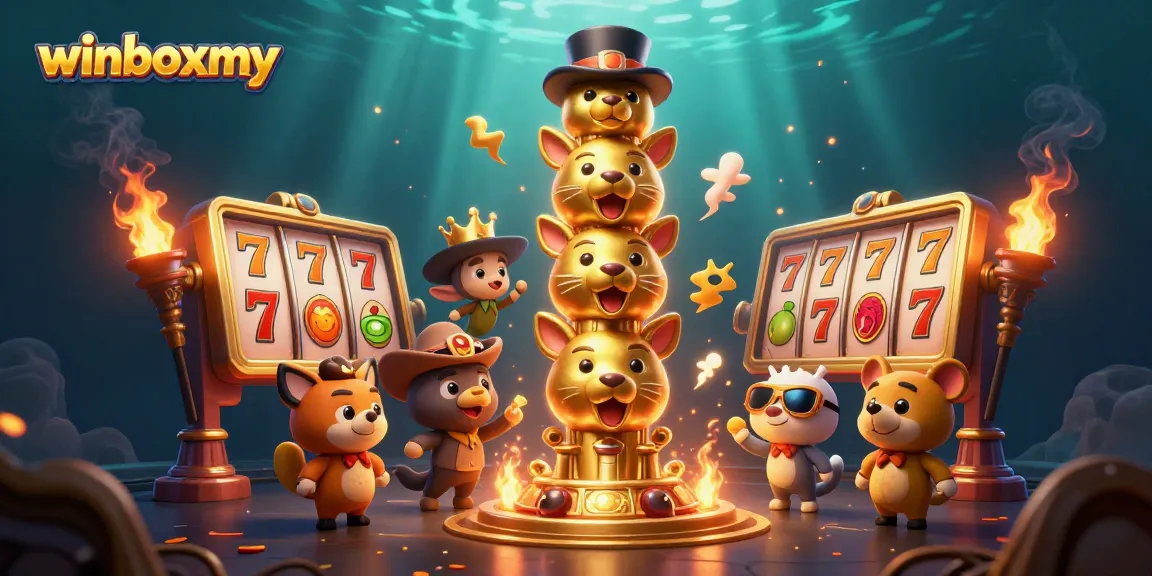 Experience gaming action with winboxmy's vibrant 3D illustration showcasing slots and a golden totem pole.