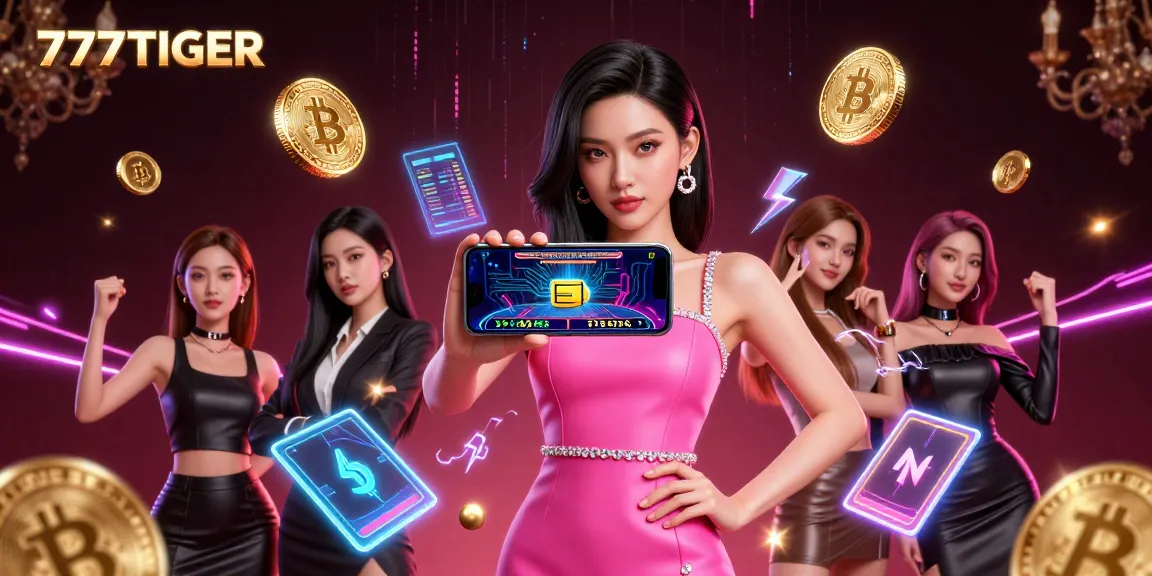 Engage with 777TIGER's dazzling online gaming world featuring dynamic casino elements and vibrant digital displays.