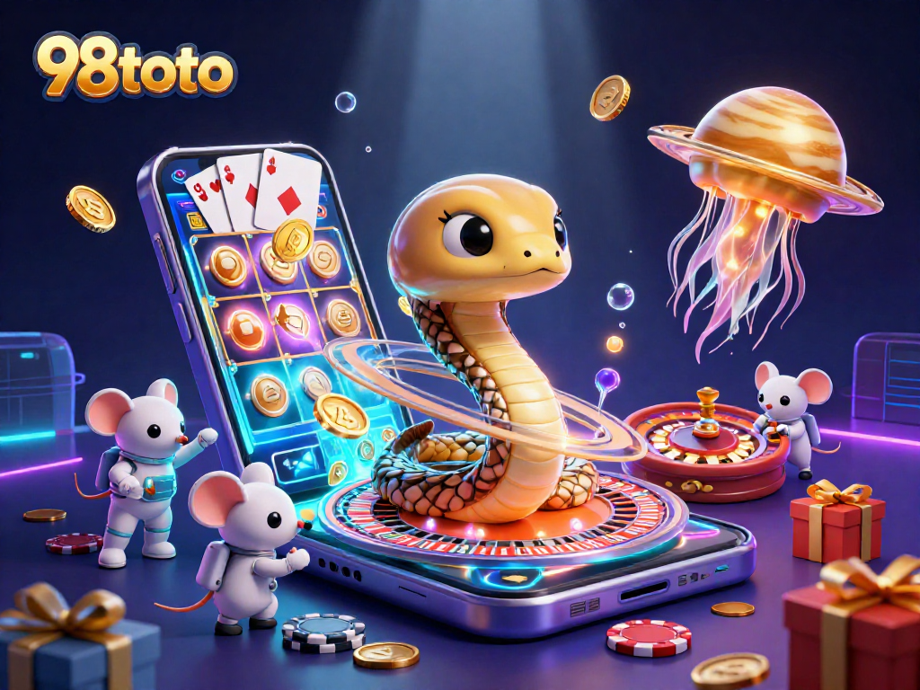 Menang besar di 98toto dengan ilustrasi kartu dan slot game yang berwarna-warni di luar angkasa.