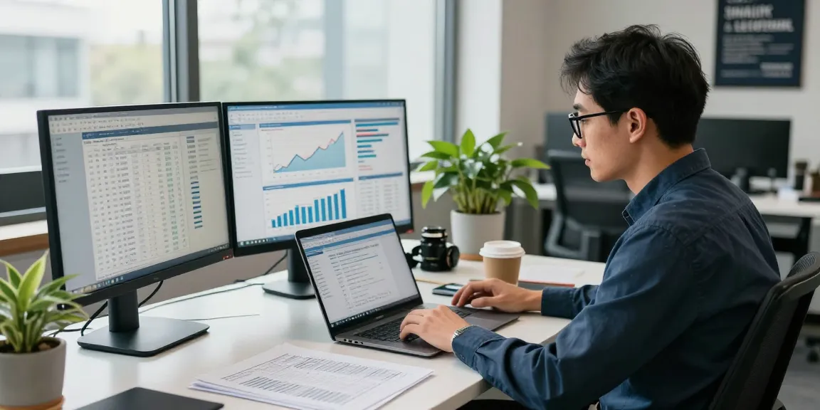 Professional reviewing asset tracing data in modern office environment.