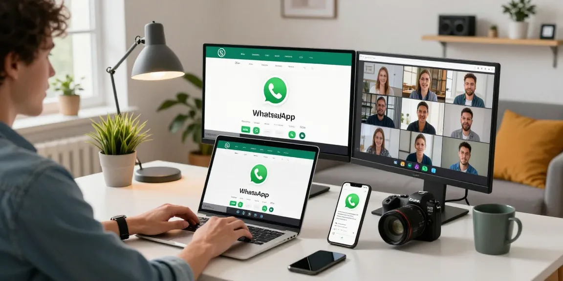 Professional workspace featuring WhatsApp網頁版 on multiple screens, enhancing remote communication.