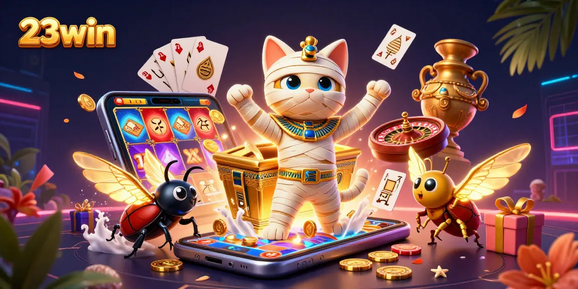Experience the excitement of 23win with a 3D illustration of a mummy cat and casino games.