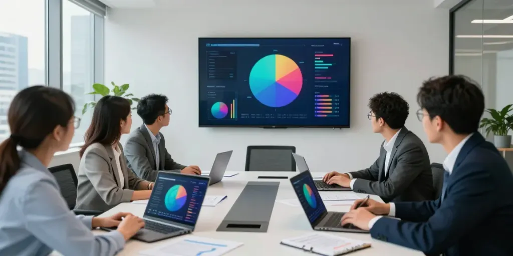 Team of financial consultants discussing distressed debt advisory solutions in a modern office.