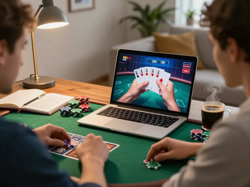 A player engages in an online poker game on their laptop at home, showcasing jus77 strategies.