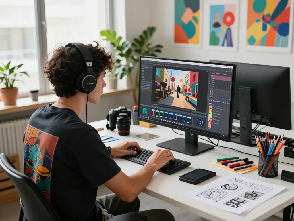Engaged artist using video to prompt tool in a vibrant creative workspace.