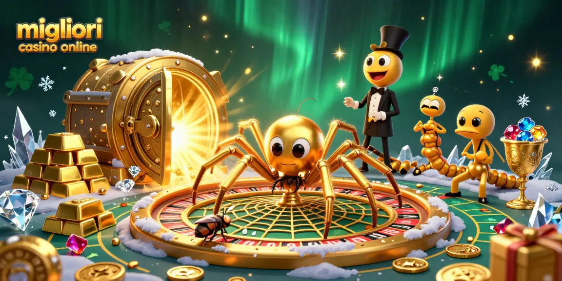 I migliori casino online presentano una scena vivace con un ragno d'oro e un croupier decapode all'opera.