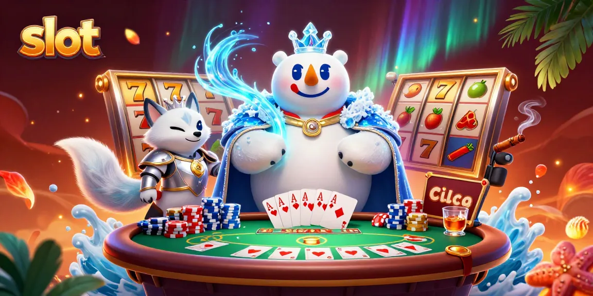 Engage in vibrant slot gameplay with a cartoon ice king polar bear and snow fox in a dynamic casino scene.