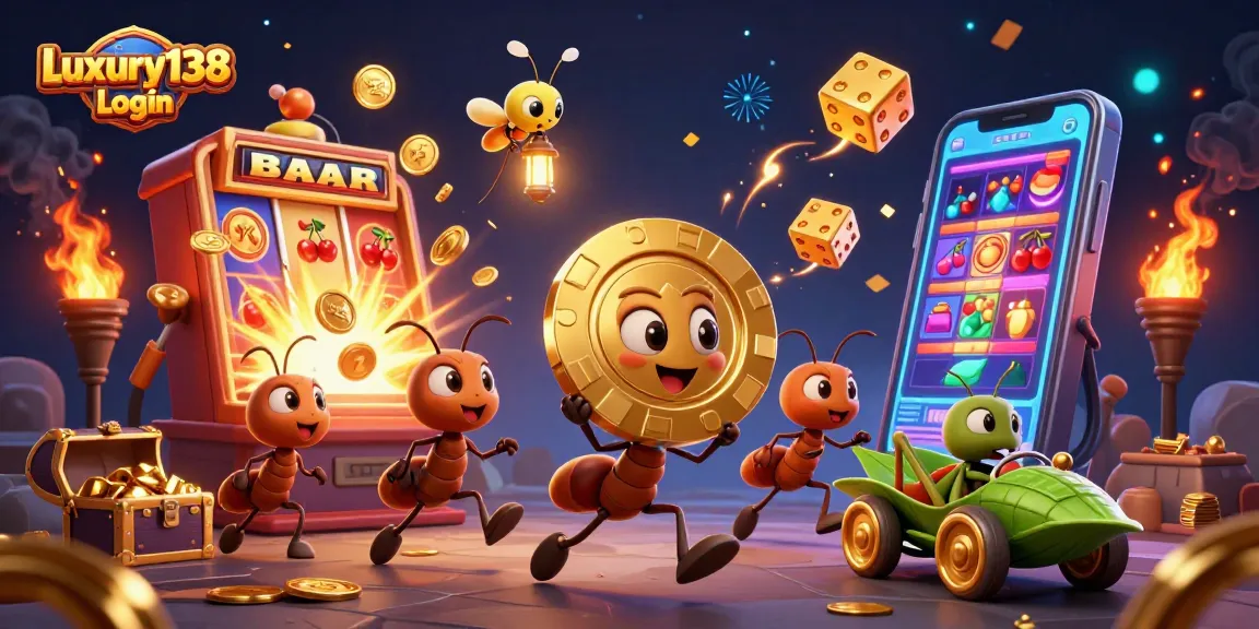 Experience the thrill of Luxury138 Login as ants carry a giant poker chip amid explosive casino elements.