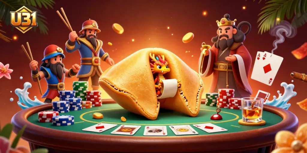 Experience U31's vibrant gaming atmosphere with golden fortune cookies and exciting poker action.