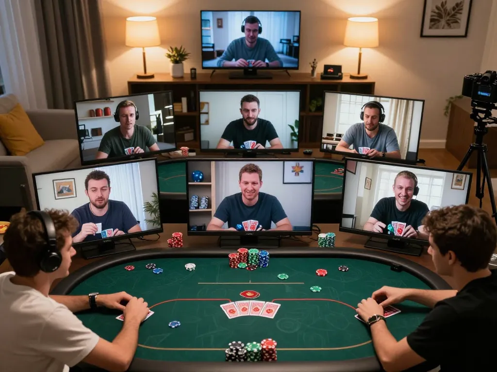 Engaging scene of players enjoying online poker from home, capturing lc88 trang chu gaming experience.