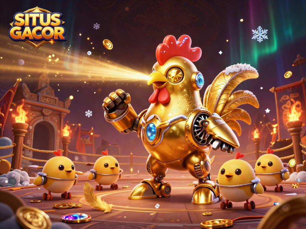 SITUS GACOR showcases a dynamic 3D scene with a golden rooster robot and baby chick drones amidst swirling coins and vibrant casino elements.