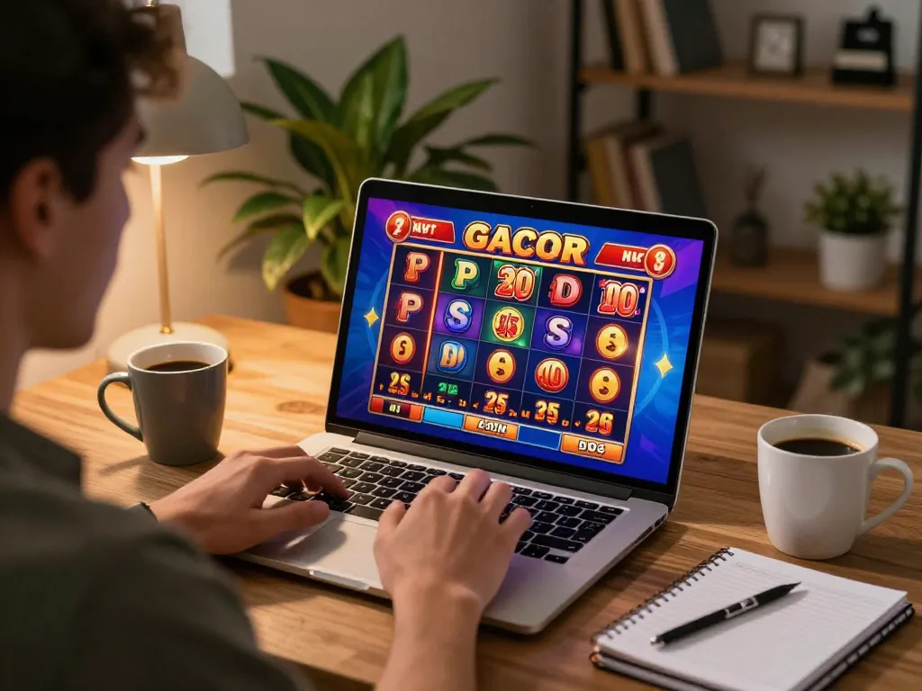 Player experiencing slot gacor excitement with colorful online game interface and strategy notes at home.
