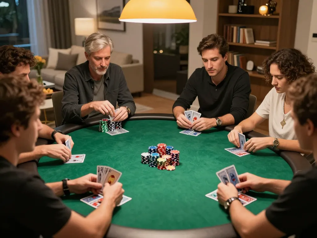 Players at a home poker night enjoying a game while showcasing strategic plays at vipwin