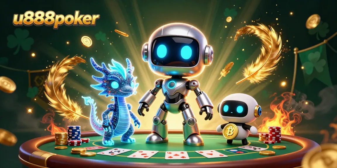 Join the excitement at u888poker with a cyberpunk robot and gaming elements in a vibrant scene.