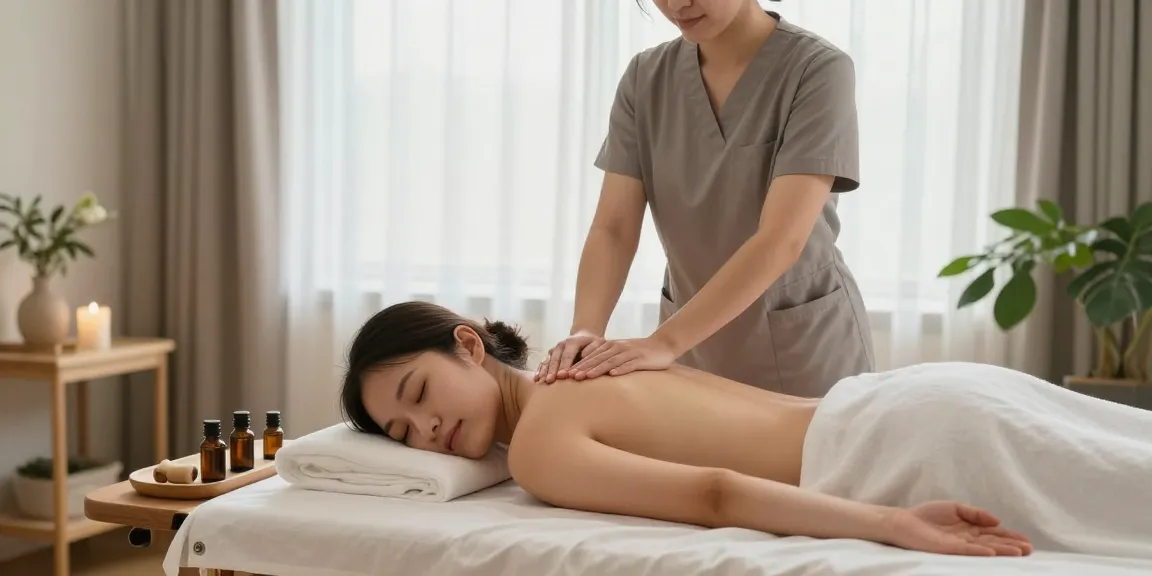 출장마사지 중인 전문가와 편안한 고객의 모습이 담긴 웰니스 공간