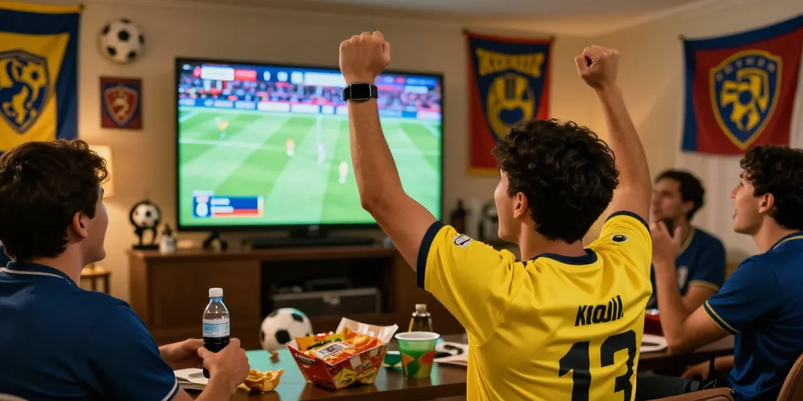 Soccer fan enthusiastically watching koora live with friends, vibrant sports atmosphere.