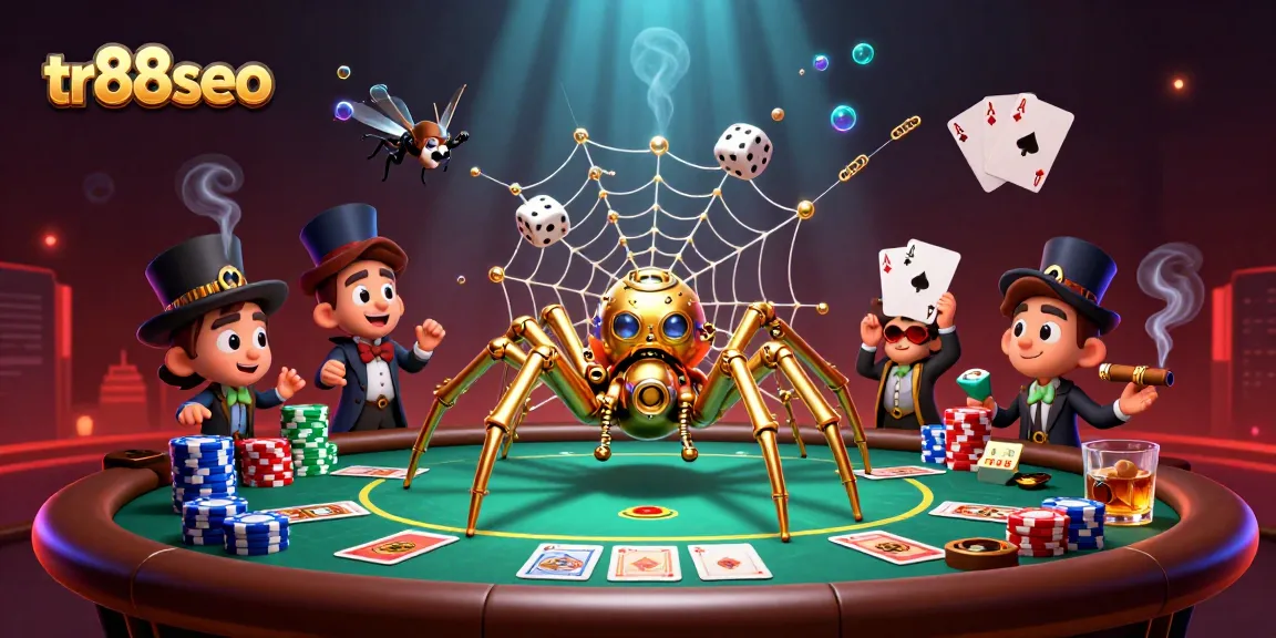 Engage with tr88seo as the golden spider traps dice in its intricate web at a dynamic poker scene.