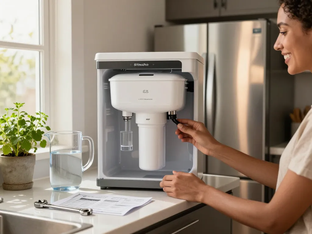 Homeowner installing Filterlogic FL-RF13 Replacement for GE® MWF® water filter in modern kitchen.