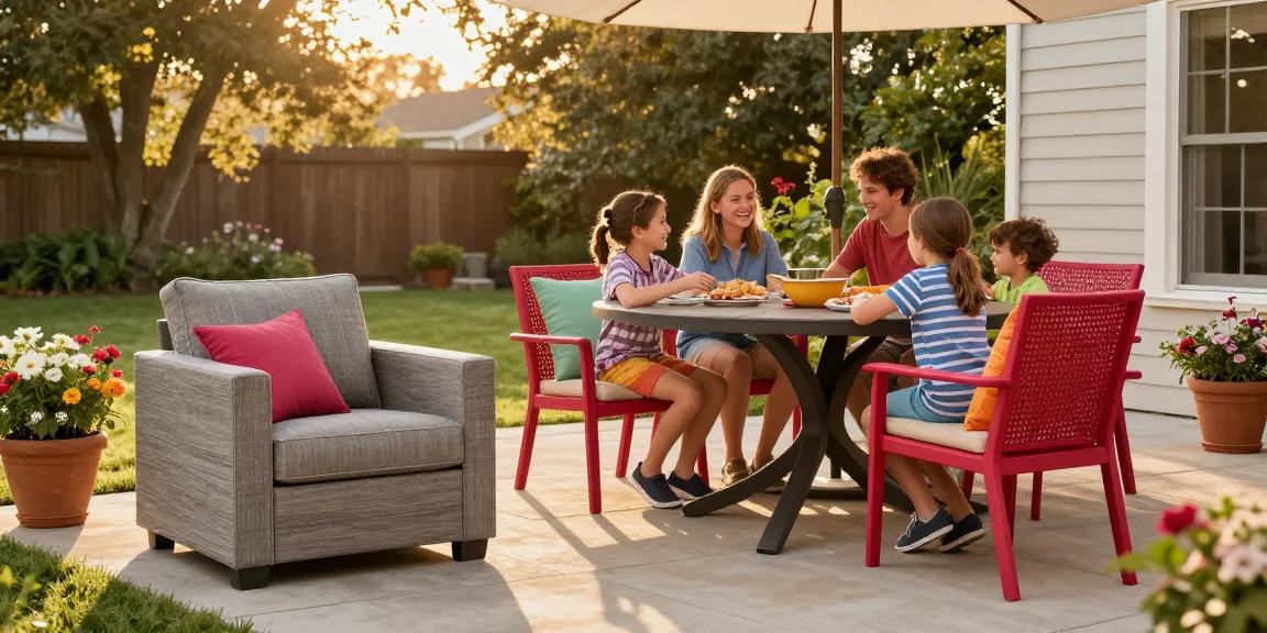 Enjoying outdoor patio furniture with family around a stylish dining set in a cozy backyard ambiance.