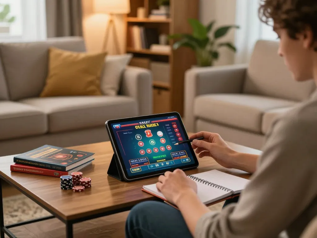 Player strategizing while enjoying sites not on gamstop in cozy home gaming setup.